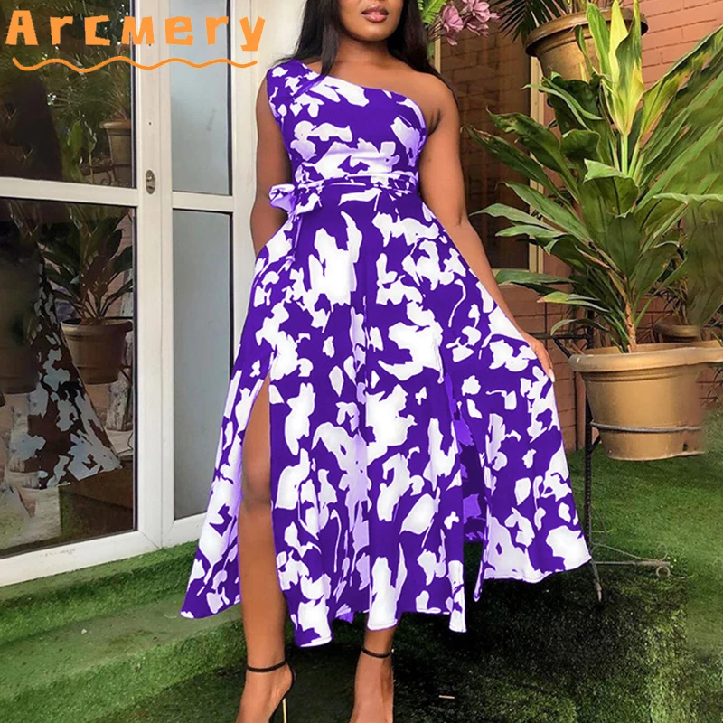 

Women Plus Size One Shoulder Floral Printed Slit Maxi Dress