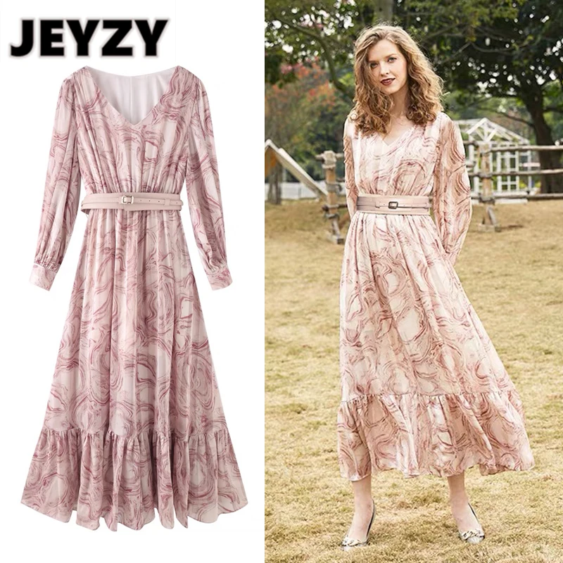 

Jeyzy designer pink pleated maxi v-neck full sleeve springautumn dress for party night floral printed boho robe femme with belt