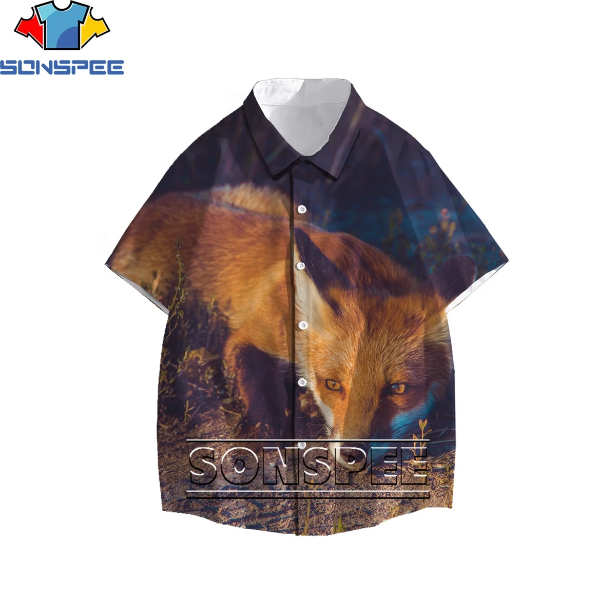 

SONSPEE New Funky Animal Pattern Fox 3D Print Men's Shirt Summer Original Otaku Hawaiian Beach Casual Buttons Oversize Top