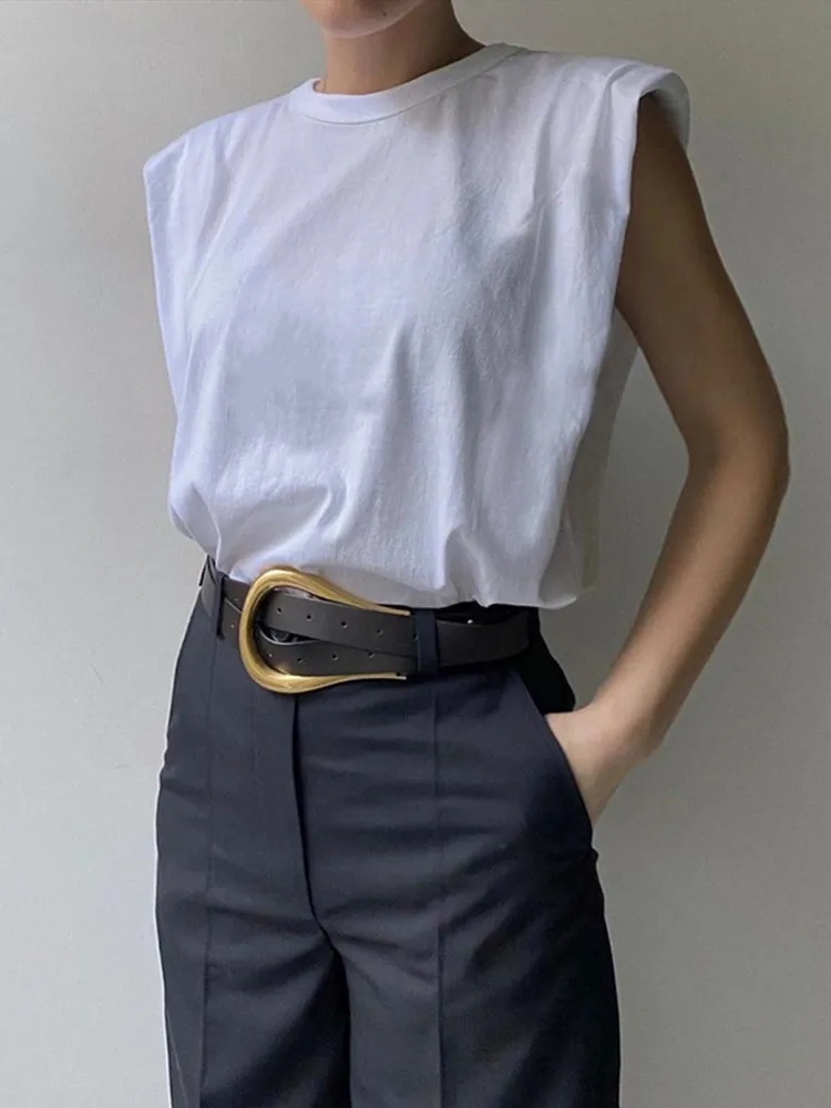 

Sleeveless Summer Women T-shirt Ladies 2020 New Summer O-Neck Simple Tee Female Wild Stylish T Shirts Top With Shoulder Pads