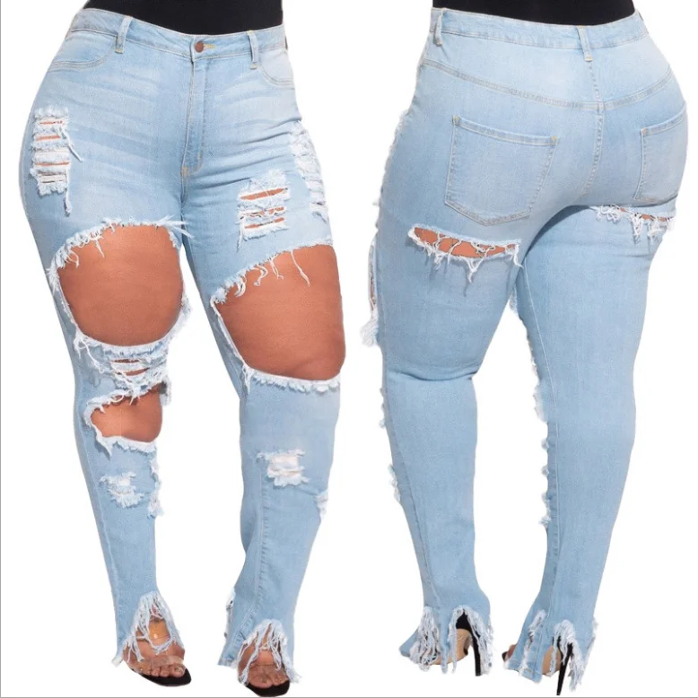

Streetwear Women Sexy Ripped Jeans 2021 Autumn Plus Size XL-5XL High Waist Hollow Out Light Washed Tassels Denim Pencil Pants