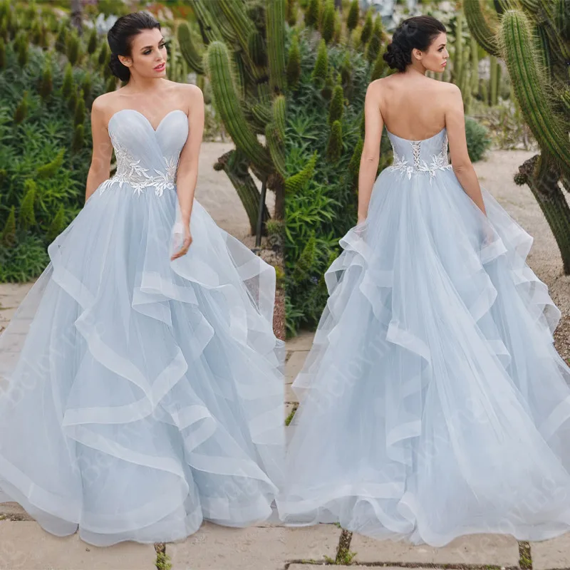 

Романтические голубые Свадебные платья с оборками, 2021, свадебное платье невесты с кружевной аппликацией, безрукавные свадебные платья