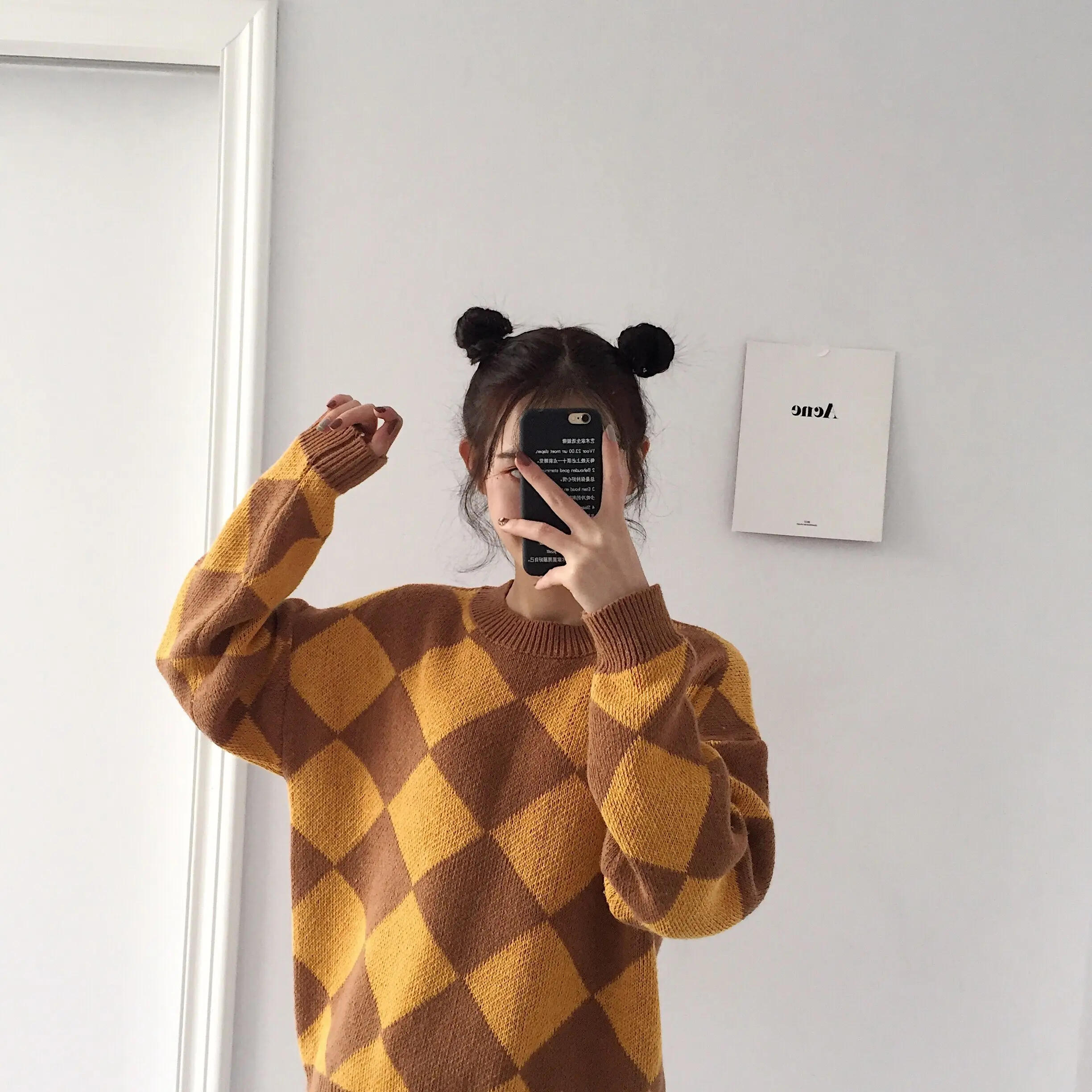 Autumn Women Sweaters 2019 High Streetwear O-neck Loose Korean Chic Pullovers Female Cashmere Plaid Crocheted Knitted Jumpers | Женская