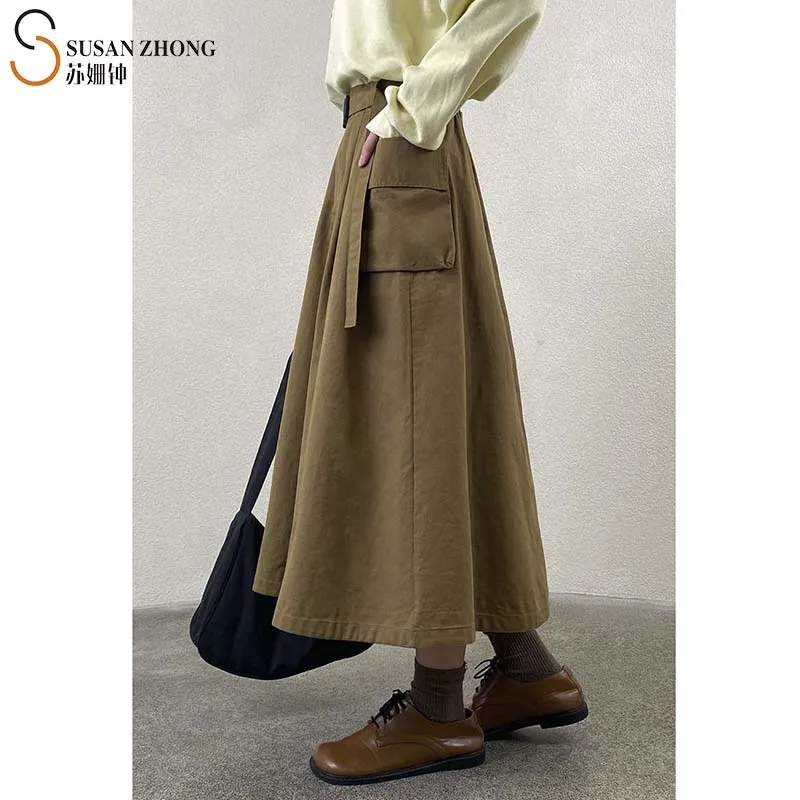 

Женская юбка с поясом на резинке, повседневная винтажная юбка трапециевидной формы из натурального хлопка с карманами, весна-лето 2021