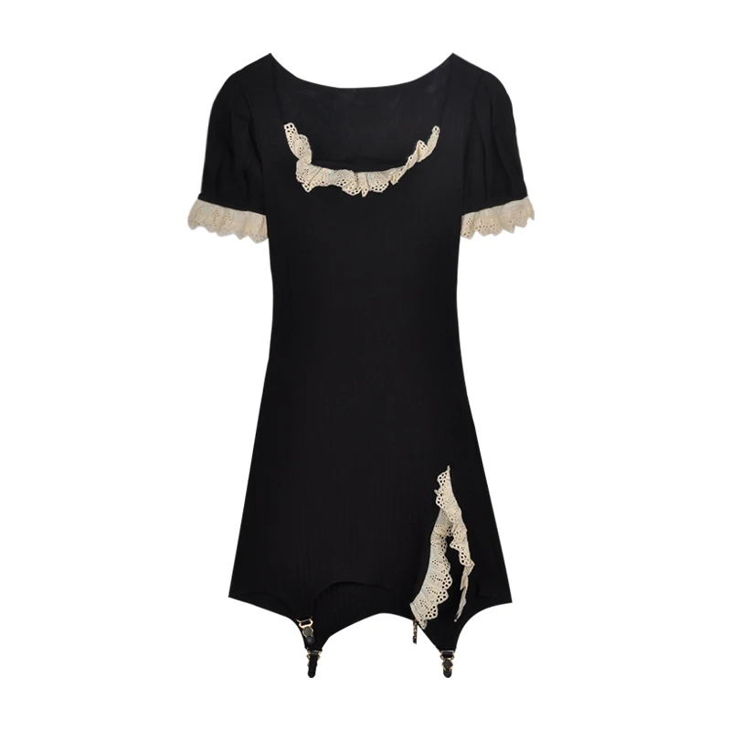

French Lace Stitching Jersey Dress Summer Platycodon Grandiflorum Fairy Dress 2021 New Sexy Temperament Dress