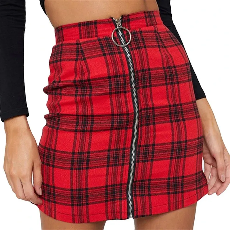

Women's Bodycon Mini Plaid Skirt Casual High Waist Plaid Print O Ring Zipper Front Pencil Skirt Summer Sweet Pleated Skirts