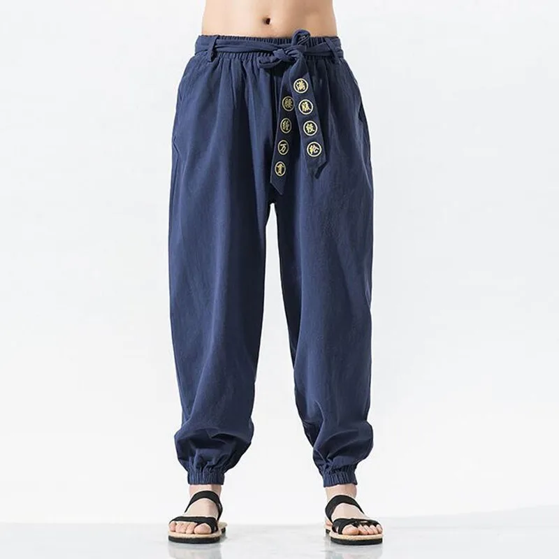 

Embroidery Plus Size Harem Pants National Style Oversize Tai Chi Joggers Men Sweatpants Chinese Traditional Costumes Belt Text