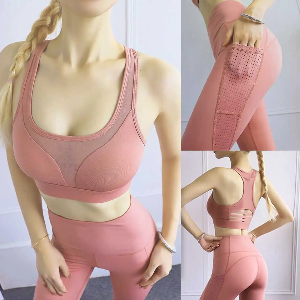 

Free combination Yoga Set Women Workout Sportswear Gym Clothing Fitness suits Hollow Yoga Pants with Phone Pocket+Sport Bra