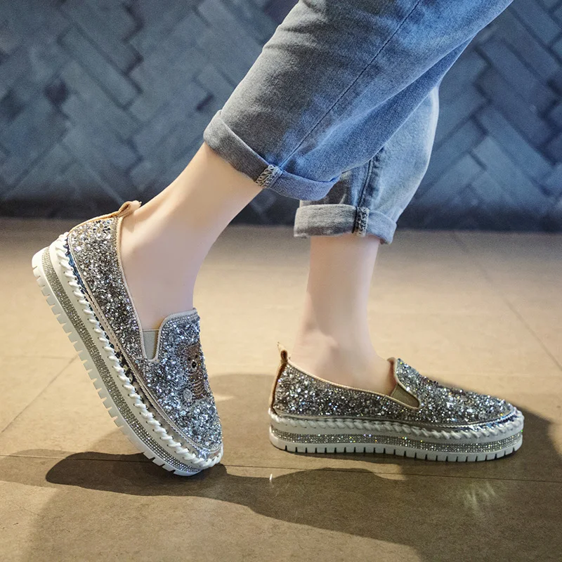

Туфли на плоской подошве, тканевые, с блестками, черные, 35-39