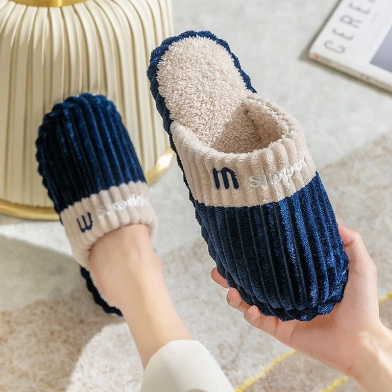 

Men Women Winter Warm Slippers For Home Stripe Home Shoes Plush Soft Cotton Slippers Indoor Floor Slides Women's Shoes 2021