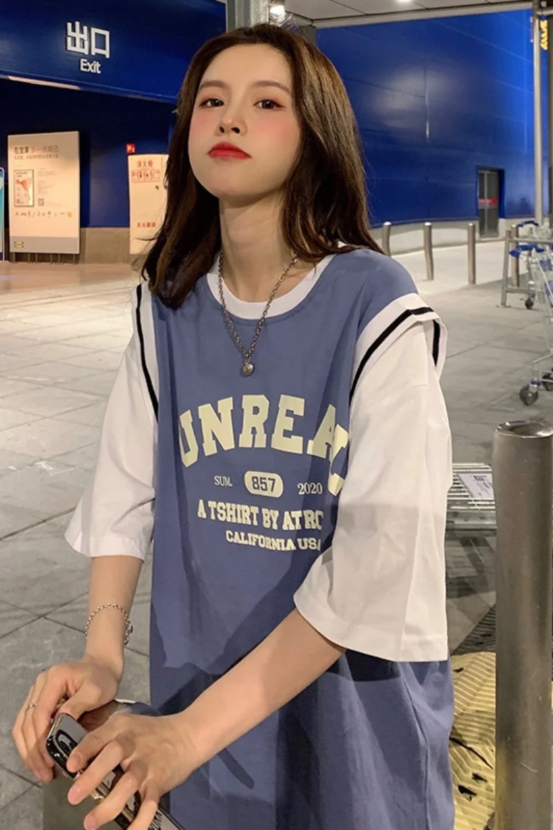 

Basketball Fake Two-piece T-shirt Women Short-sleeve Overszied Top Tees Loose Korean Ins Streetwear Harajuku Style Half sleeve