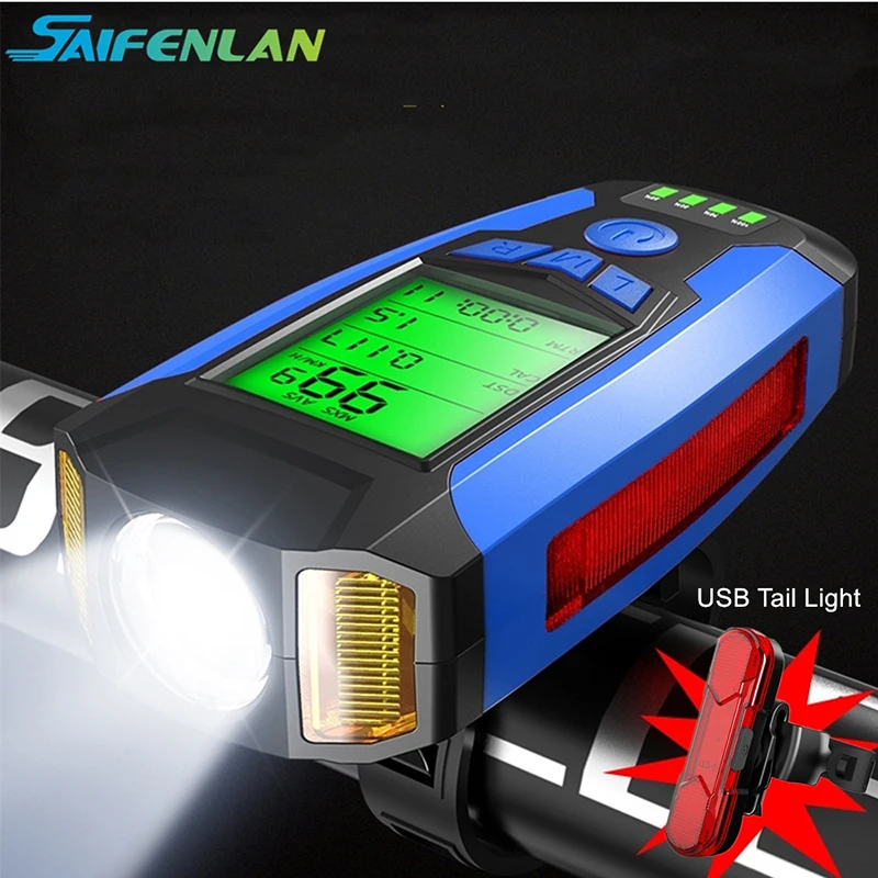

Bike Headlight USB Rechargeable Handlebar Light Bike Horn LCD Cycle Computer w/ Tail Light
