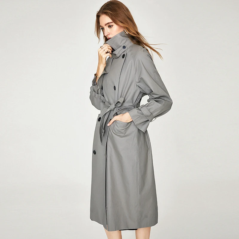 

Trench Coat Women Windcoat Classical Design Dustcoat Solid Turn-down Collar Double Breated Sashes Elegant Style New Fashion