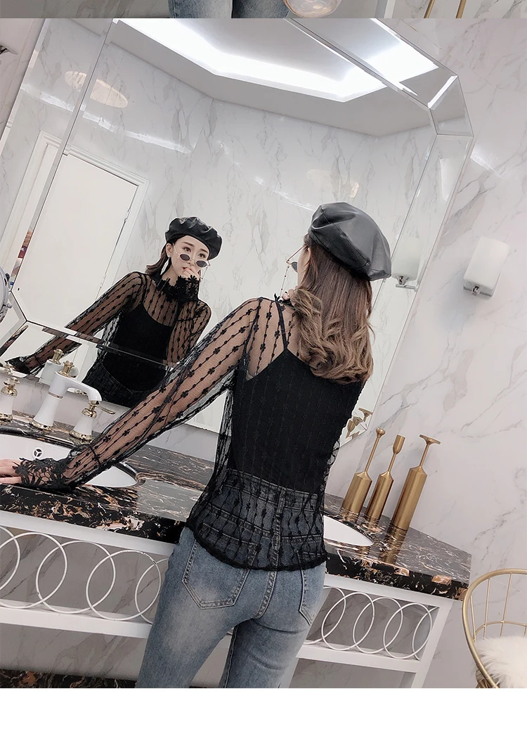

Two pieces tops perspective sexy style club long sleeve shirts woman blouses fashion brand blusas mujer de moda hollow out new