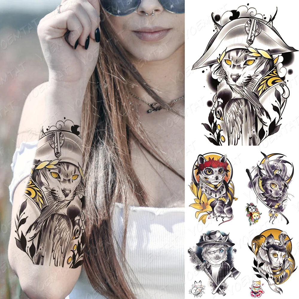 

Waterproof Temporary Tattoo Sticker Pirate Captain Cat Flash Tattoos Patron Saint Old School Body Art Arm Fake Tatoo Women Men