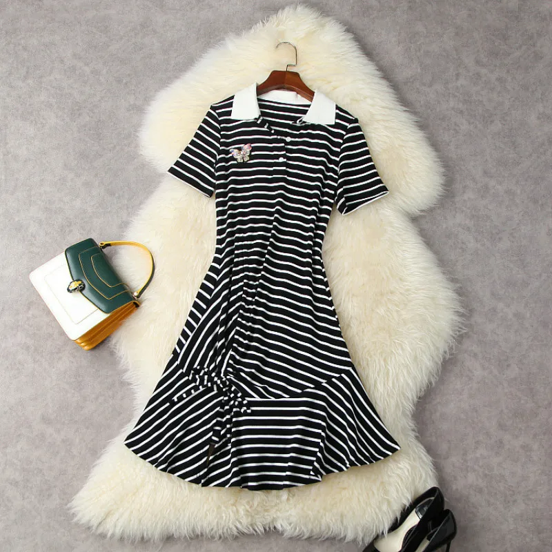 

Casual Dress Women Summer 2021 New Preppy Style Stripes Turn Down Collar Short Sleeved Drawstring Mermaid Dress Above The Knees