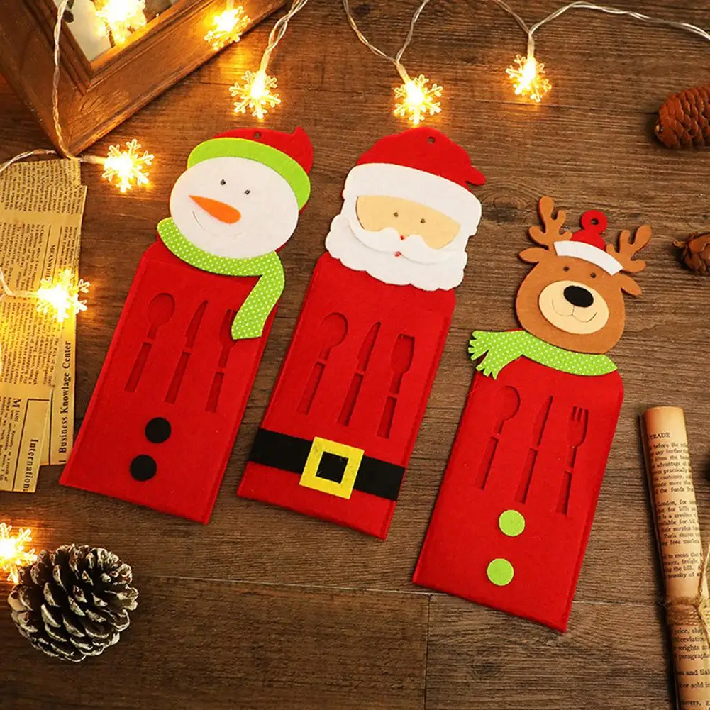 

Christmas Cutlery Bag 3 Pcs Knife Fork Bag Santa Snowman Elk Pattern Tableware Holder 9.84*3.15in Best Decor Ideas For Home Chr