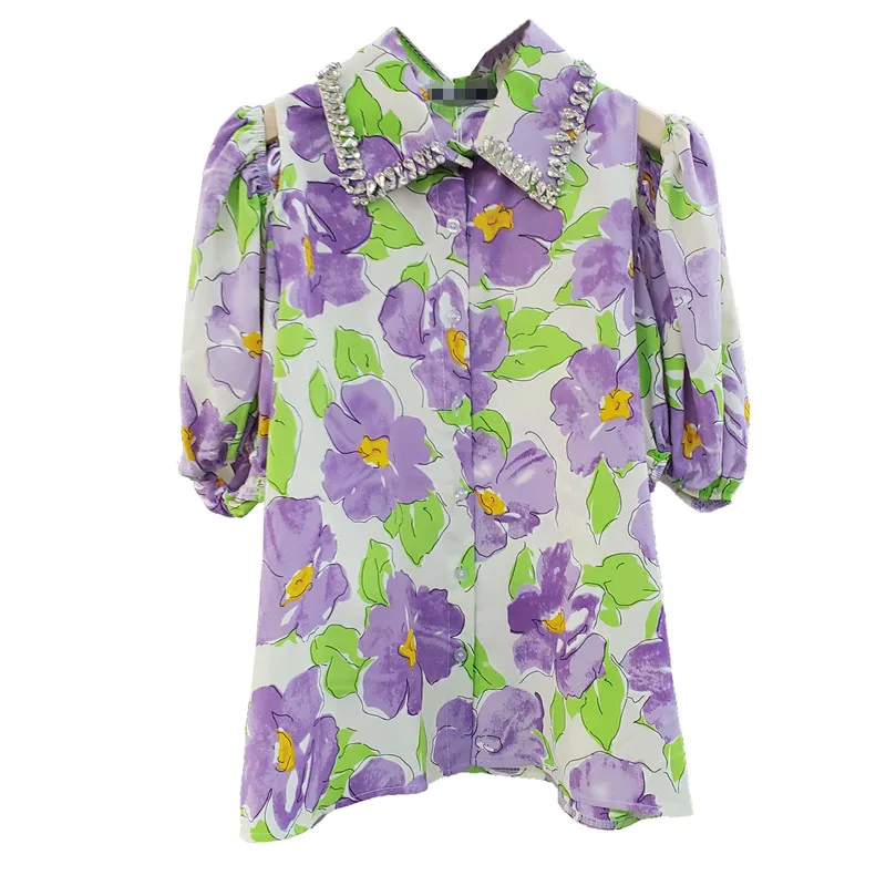 Chemise à revers avec strass pour femme, haut ample à manches mi-longues, multi-boutons, imprimé floral, à la mode, été, 2021