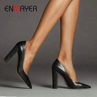 enmayer 2020 new patent leather pointed toe fashion ladies shoes party wedding shoes slip on square heel pumps women shoes