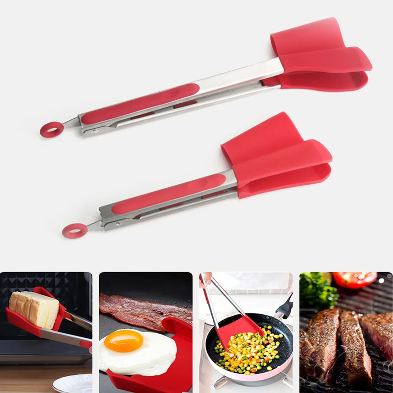 

2 in 1 Smart Kitchen Spatula and Tongs Non-Stick Heat Resistant Stainless Steel Frame Silicone Tongs Kitchen Tools Gadget