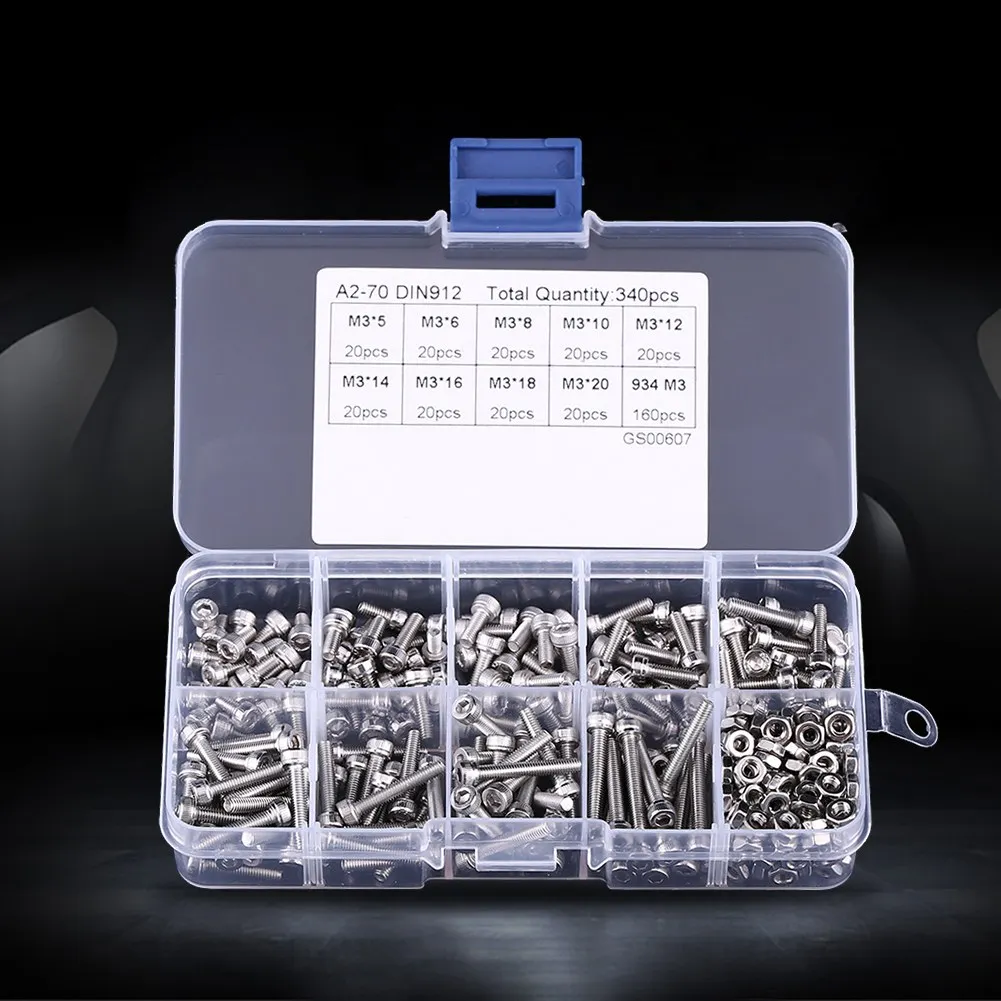 

340pcs M3 Stainless Steel SS304 Hex Socket Cap Head Screws and Nuts Assortment