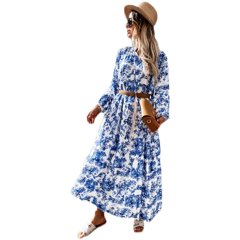 

Элегантное женское платье 2021, синее платье макси с принтом, женское длинное платье в стиле бохо с длинным рукавом, повседневные платья-рубаш...