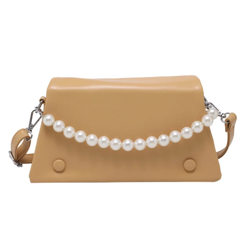 

Solid Color Pu Leather Shoulder Bags for Women 2021 New Summer Pearl Beaded Chain Luxury Brand Handbags Female Crossbody Bag