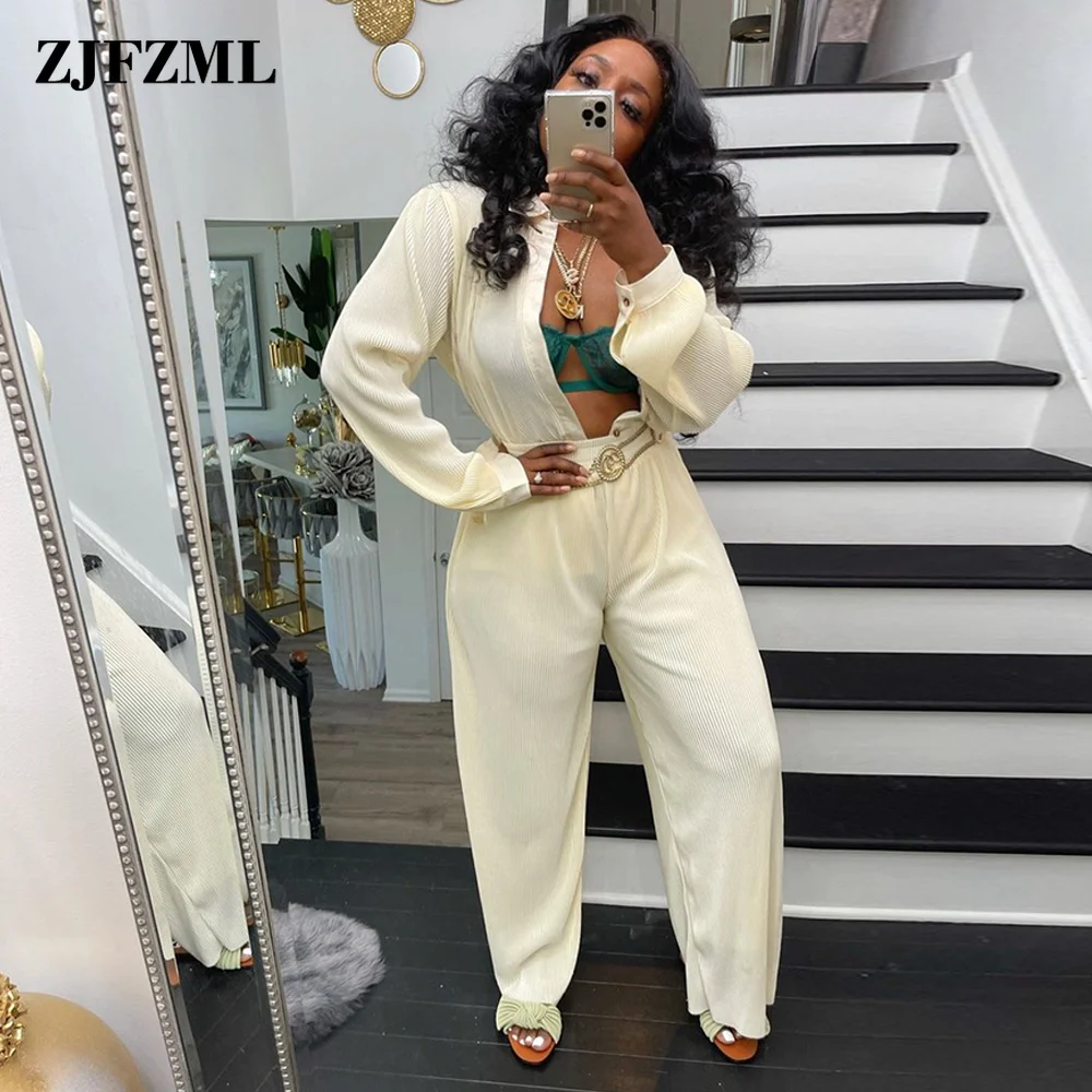 

Casual Wear Beige Women's Two Piece Pantsuits Turn Down Collar Buttons Long Sleeve Shirt and Loose Straight Wide Leg Trouser New