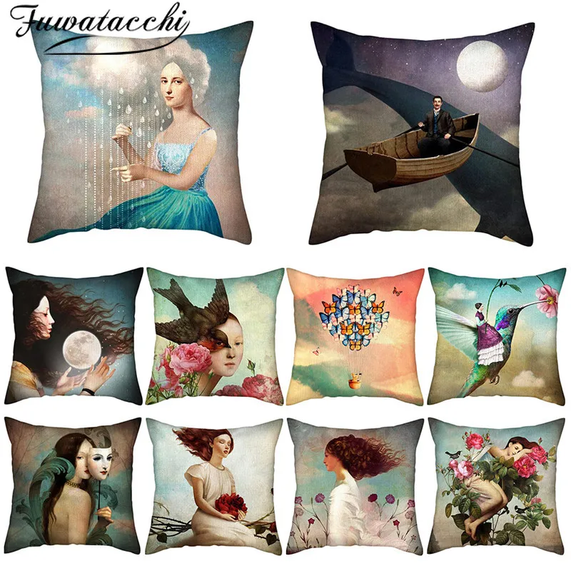 Чехол для подушки из чистого льна Fuwatacchi наволочка с мультяшным рисунком