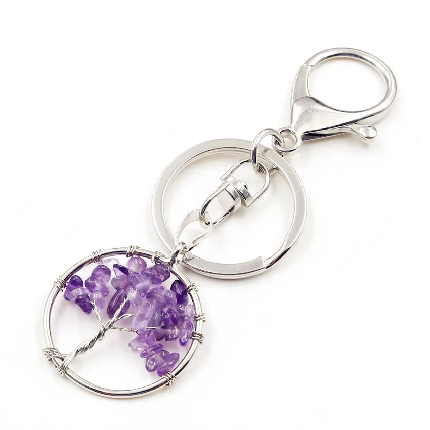 

FYJS Unique Jewelry Silver Plated Circle Lobster Clasp Tree of Life Natural Purple Amethysts Stone Key Chain