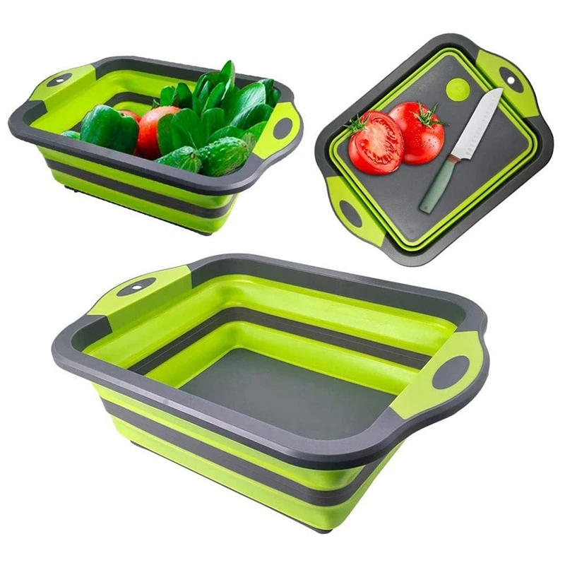 

3 in 1 Multifunction Chopping Board Dish Tub with Draining Plug Portable Drain Basket for Camping, Picnic, BBQ, Kitchen