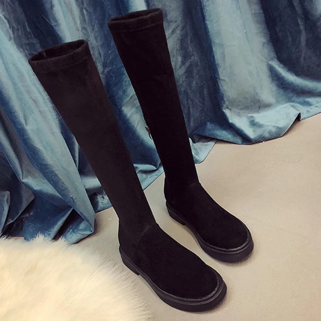 Новые рыцарские сапоги модные однотонные на низком каблуке с круглым носком