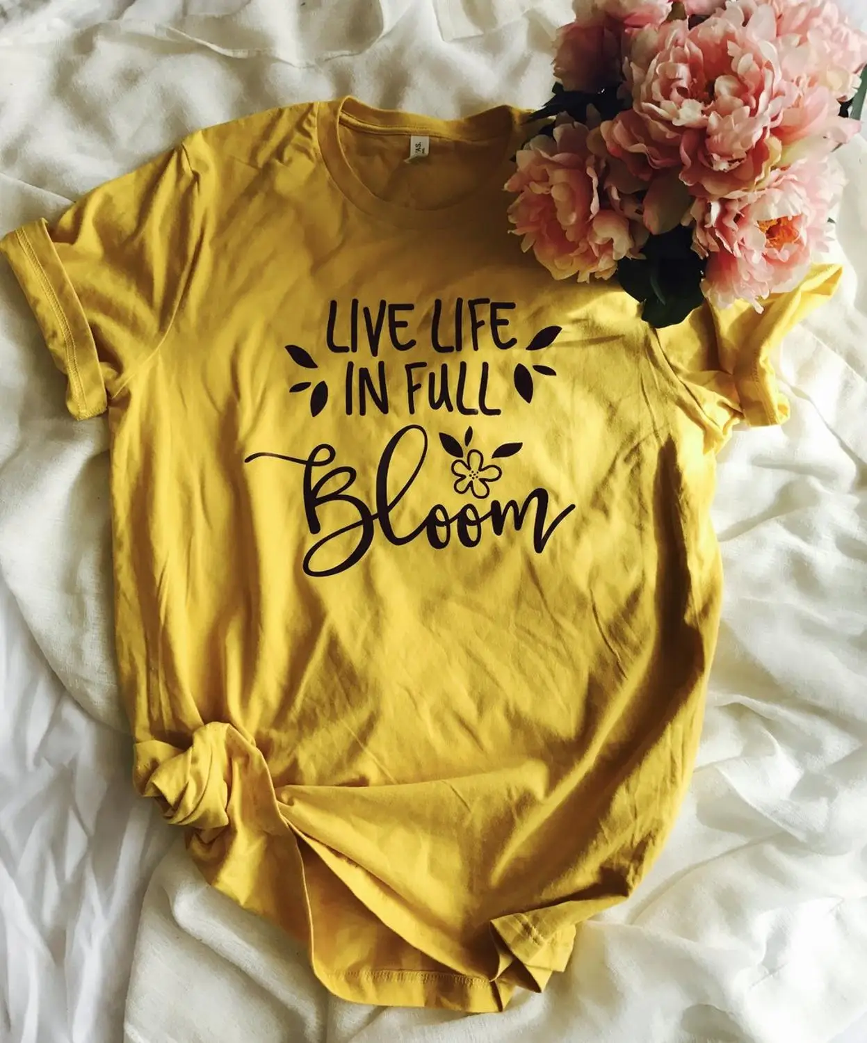 Live life in full bloom Весенняя вдохновляющая футболка горчичный желтый Графический лозунг милый подарок юная уличная одежда футболки хлопковые топы