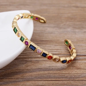 AIBEF New Style Bohemia Rainbow Crystal Cuff Bangles for Women Heart Geometric Figure Copper Bracelet Party Fashion Jewelry Gift