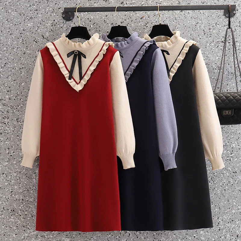 

Plus Size Women Sweater Knitted Dresses Vestidos Fashion Autumn Winter Ruffles Beaded Bow Stand Collar Patchwork Red Loose Dress