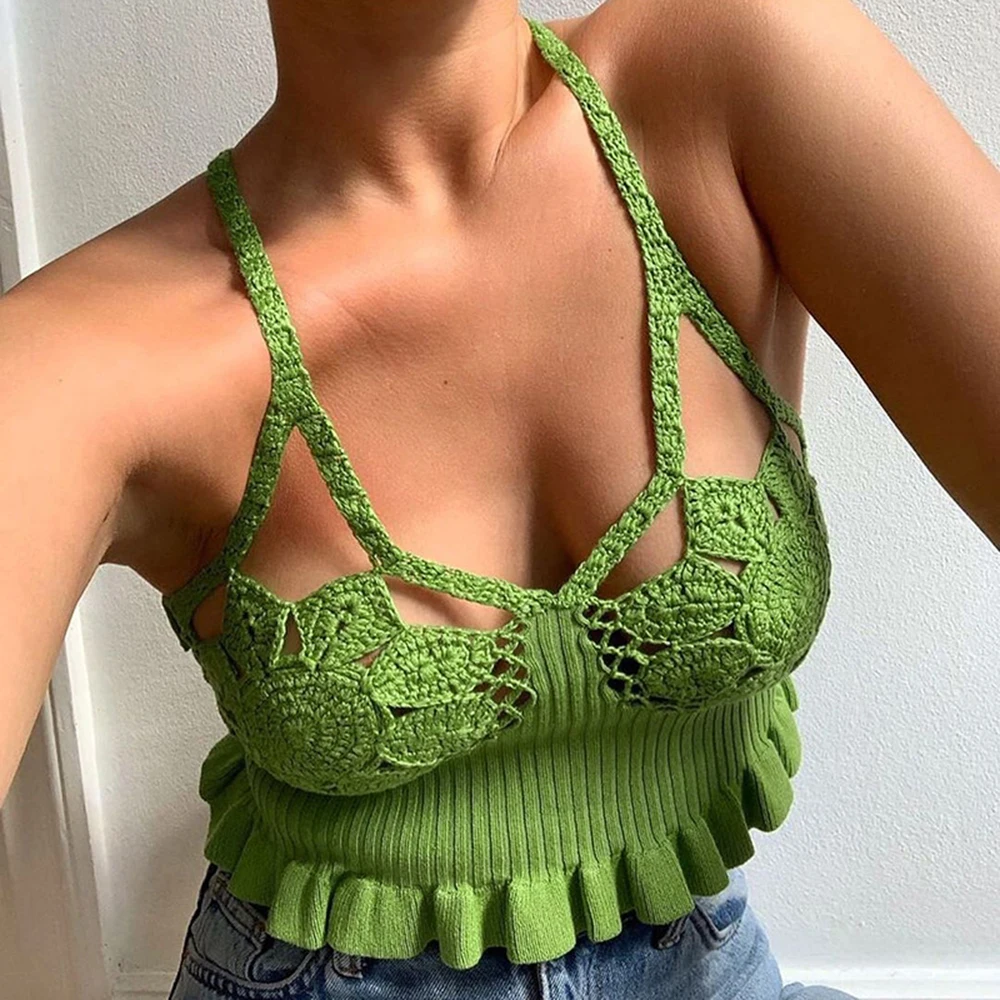 Boho вязаный цветок крючком топики танк-топы для женщин укороченный топ на