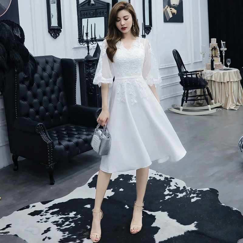 Размера плюс белые платья для выпускного вечера Короткие вечерние а силуэта с V