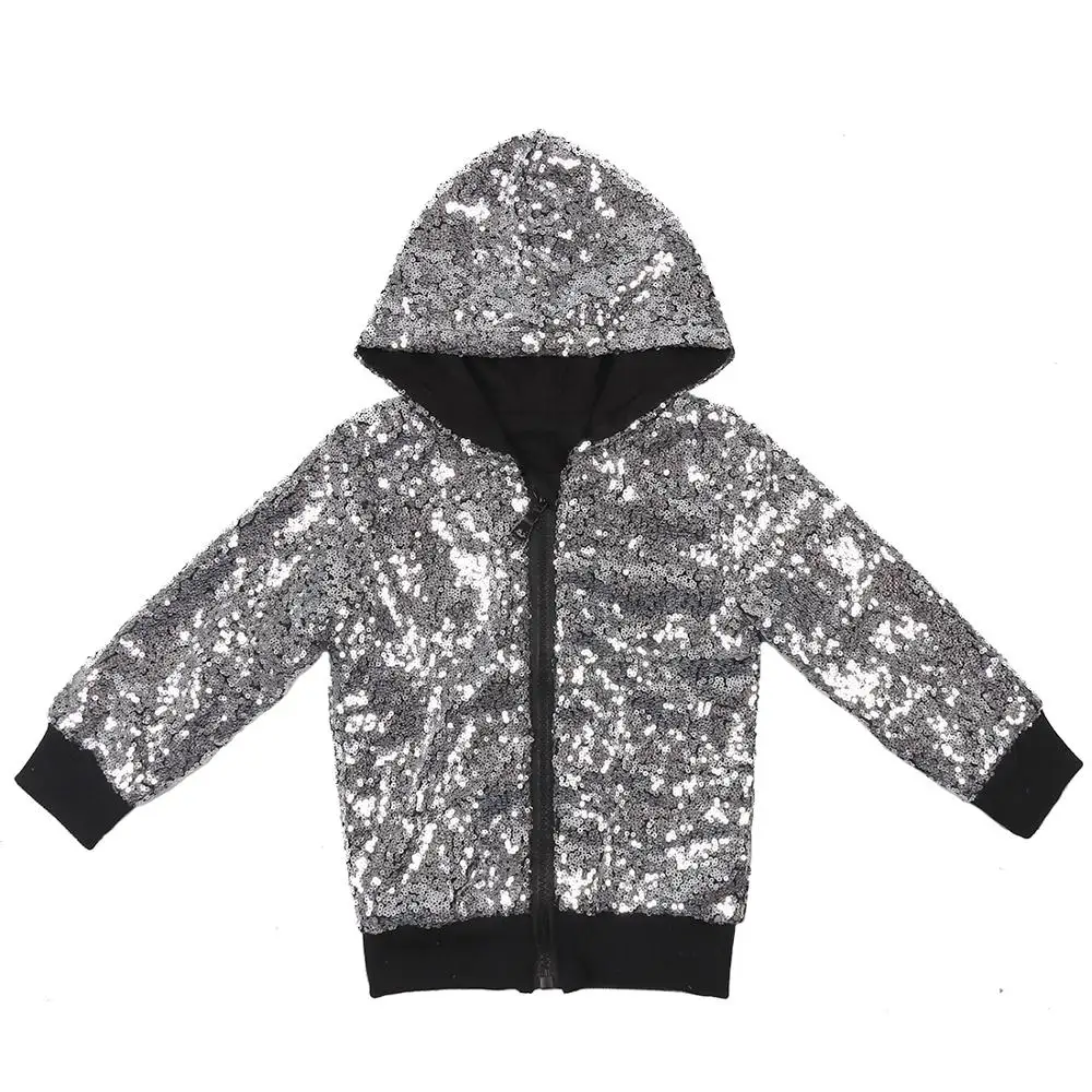 

Куртка для мальчиков и девочек, серебристая, черная верхняя одежда с блестками