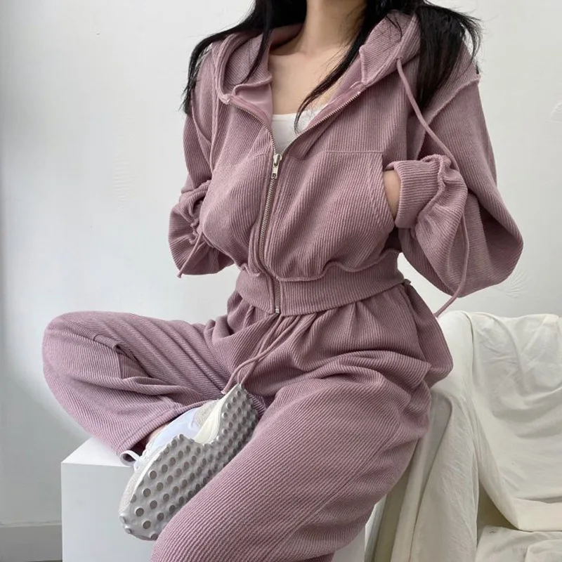 

Women's Sports Suit Autumn and Winter New 2-piece Set Candy Color Zipper Hooded Sweater Jacket + High Waist Casual Pants Loose