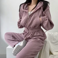 womens sports suit autumn and winter new 2 piece set candy color zipper hooded sweater jacket high waist casual pants loose