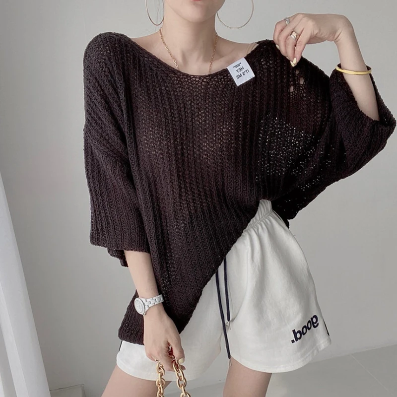 

Korean Style Autumn Women's Vintage Sweaters Hollow Round Collar Puff Sleeve Loose Knitted Cardigan Outwear