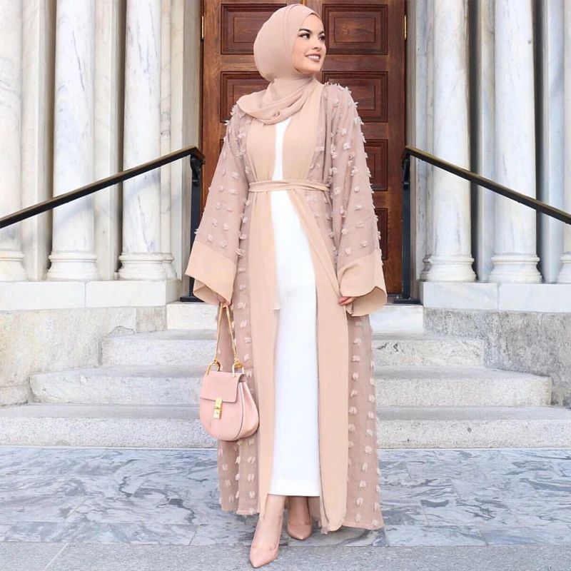 Dubai Muslim Open Abaya Hijab Dress Women Plush Ball Kimono Caftan Lace-up Jubah Islamic Clothing Musulman Marocain Long Robe | Женская