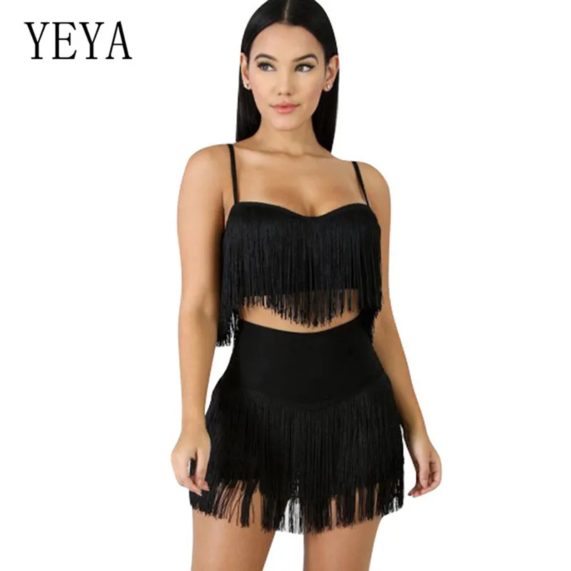 YEYA tassels комплект из двух предметов для женщин Спагетти ремень открытая спина укороченный топ Высокая талия черные шорты комбинезон сексуальный 2 шт. наряды Комбинезоны
