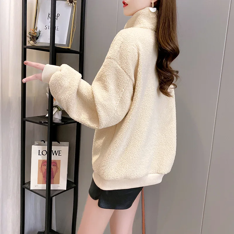 

Fleece Thickened Imitation Lamb Velvet Hoody Ladies 2020 Autumn Fashion New Large Size Loose High Collar Top Trendy 346