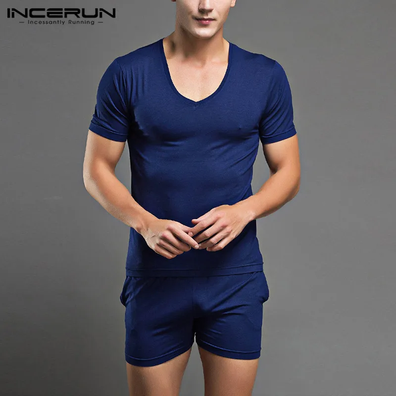 

INCERUN Men Solid Color Pajama Sets Short Sleeve V Neck Tops Elastic Shorts Sets Summer Men Comfortable Homewear Suits Plus Size