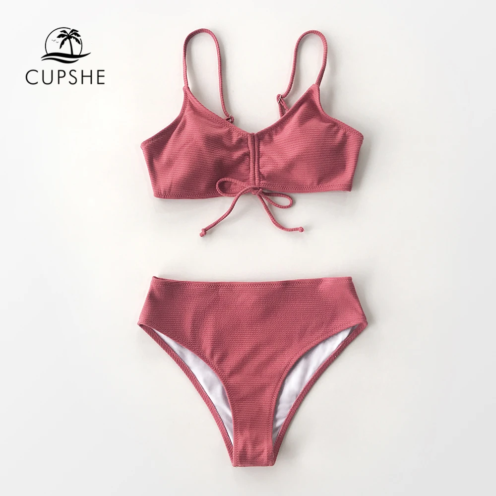 CUPSHE Одноцветный розовый с текстурой на шнуровке бикини наборы сексуальный