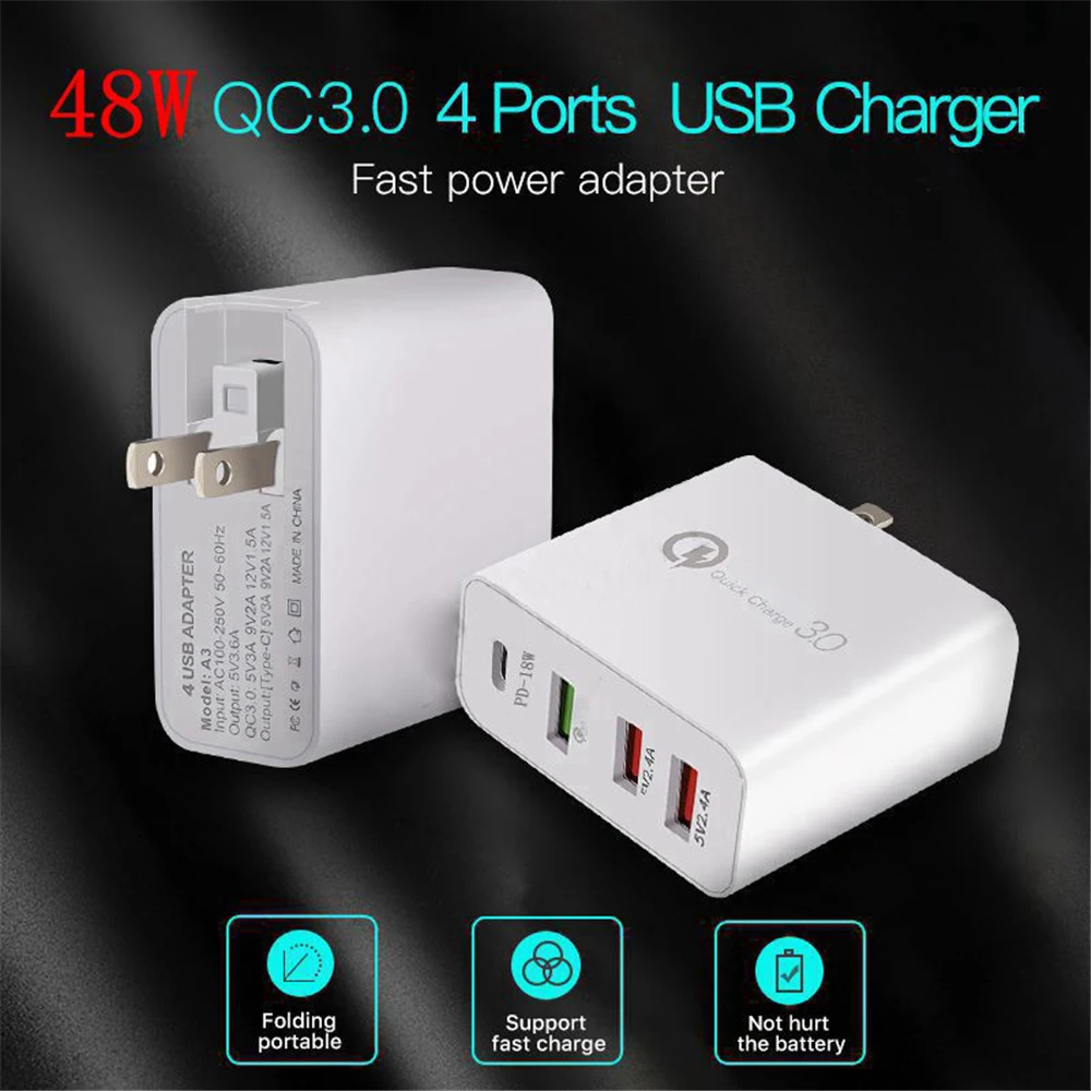 48 Вт 4 порта зарядное устройство Тип C qc3.0 type-c USB зарядное устройство для samsung iPhone huawei QC 3,0 быстрое настенное зарядное устройство США ЕС Великобритания австралийская штепсельная розетка
