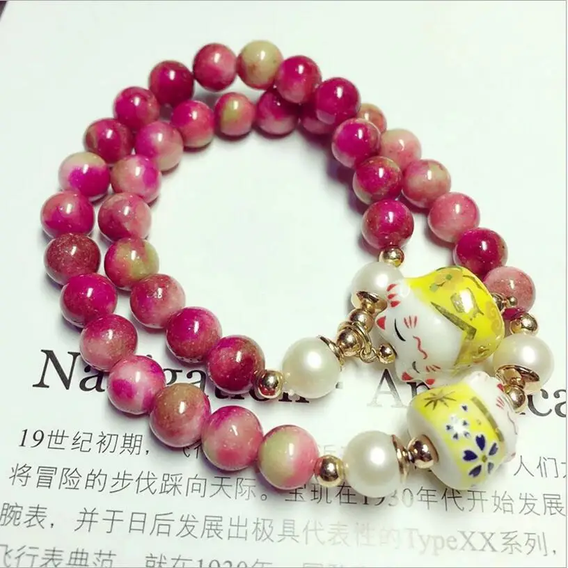 Новый 930 + натуральный камень браслет милый счастливый кот два круга носить