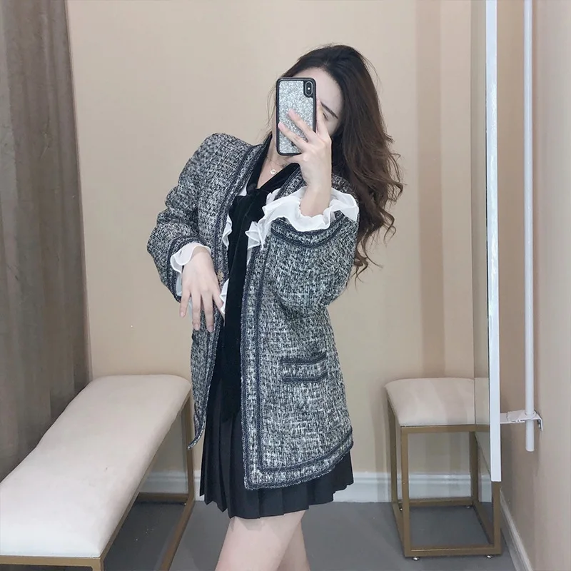 Серая льняная стеганая синяя тканая куртка на одной пуговице свободное Женское