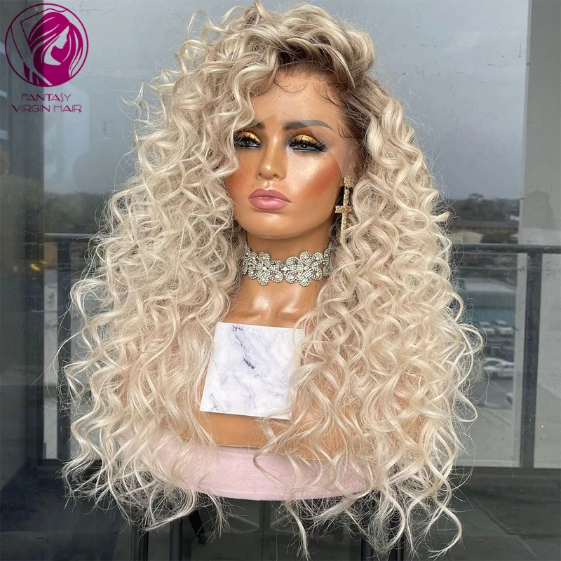 

Women"s Wigs Human Hair Lace Front Wig Loose Curly Frontal Wigs Ombre Platinum Blonde 13x4/13x6 Bleached Knots Remy Hair 150%